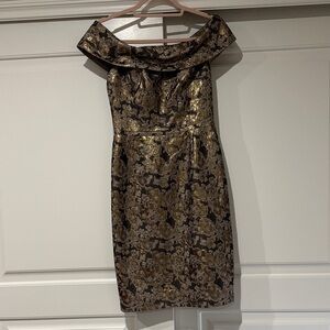Elegant Gold and Black Jacquard Off-the-Shoulder Dress, Calvin Klein size 2